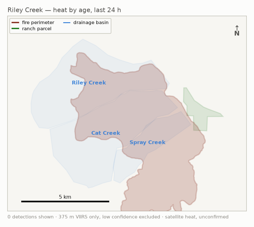 Overhead map of satellite heat detections against drainage basins and the property boundary